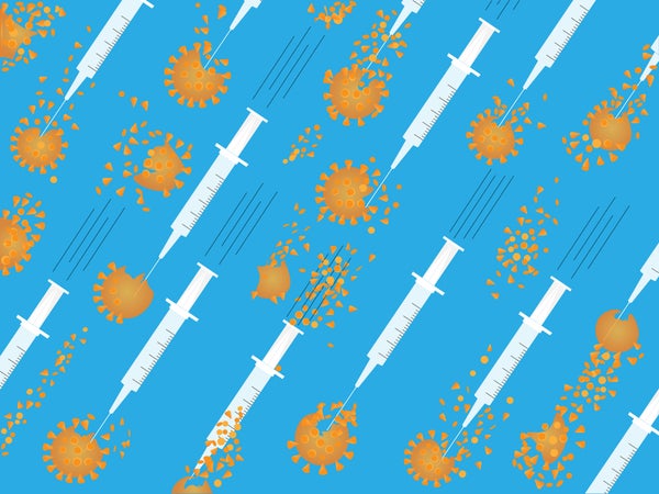 An illustraton of white syringes blasting orange coronavirus particles on a field of blue.