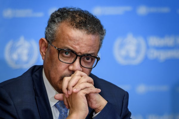 Tedros Adhanom Ghebreyesus attends a daily press briefing on the new coronavirus.