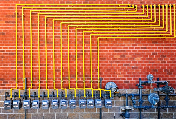 A row of colorful gas meters