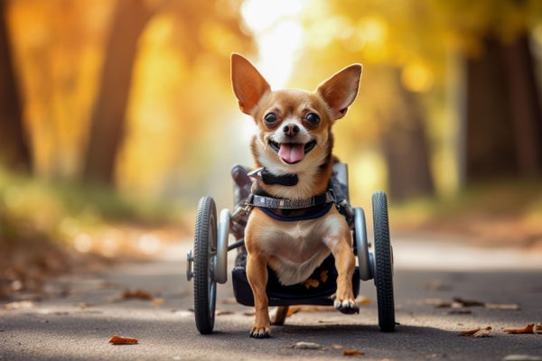 A computer-generated image of a dog in a wheelchair.