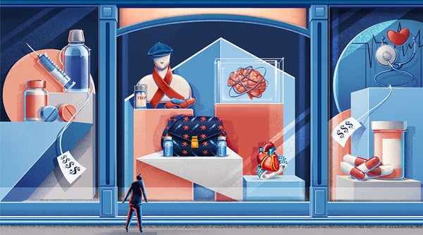 Illustration of a person looking at several objects in a window.