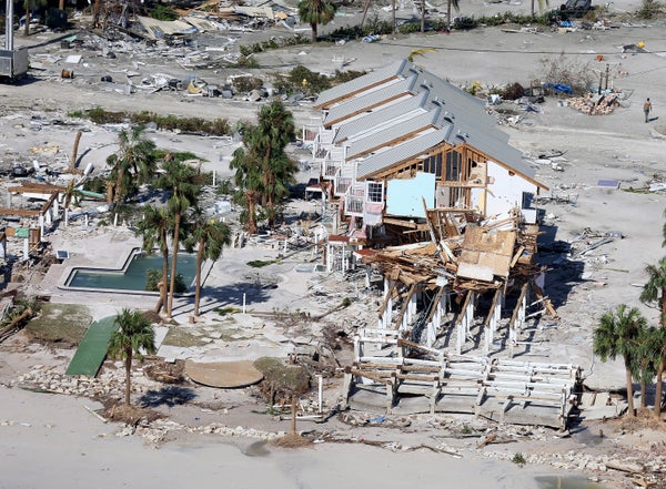 An aerial view of damaged buildings from Hurricane Ian
