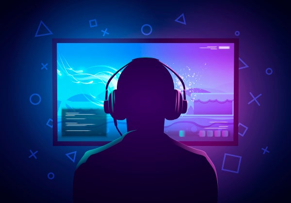 Illustration Young Gamer Sitting in Front of a Screen and Playing Video Game