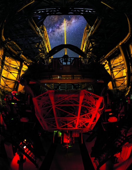 LASER LIGHT creates an artificial star to calibrate the adaptive optics system on the Very Large Telescope in Chile.