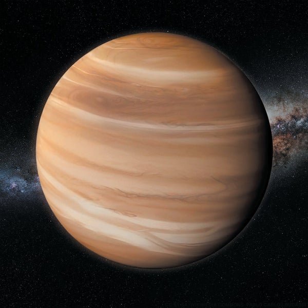 Artist's representation of a planet with light medium and dark brown stripes.