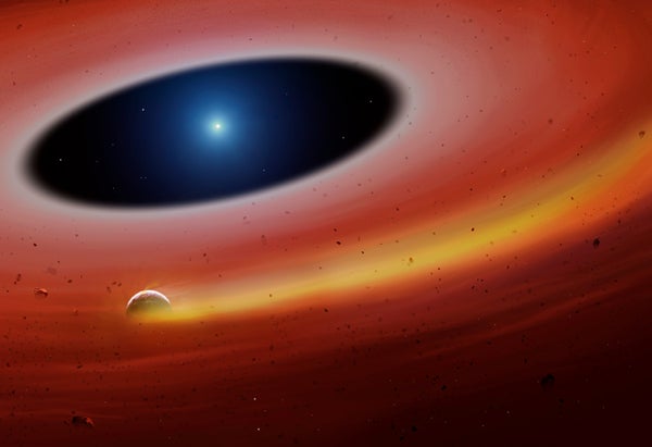 An artist's rendition of a planetary core embedded in a debris disk around a white dwarf star.