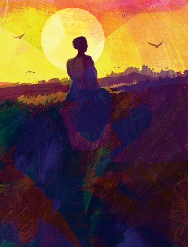 Illustration of a woman silhouetted in sunlight.
