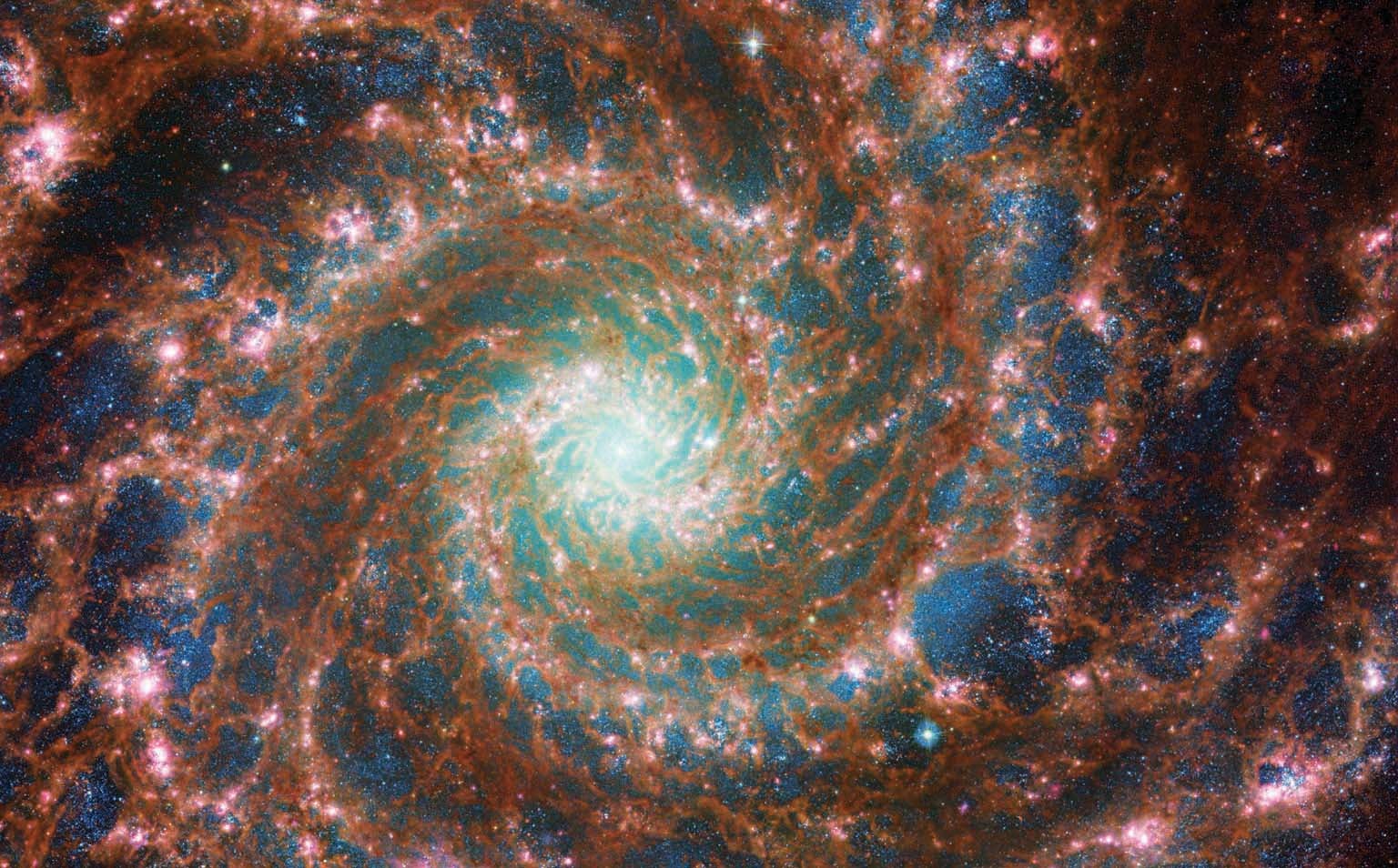 The phantom galaxy, M74, forms mesmerizing swirls in this photo combining observations from JWST and Hubble.