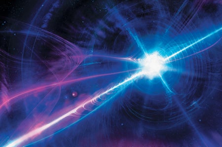 An illustration of a fast radio burst shows a cosmic explosion of light.