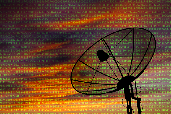 Satellite dish on the background of a digital code