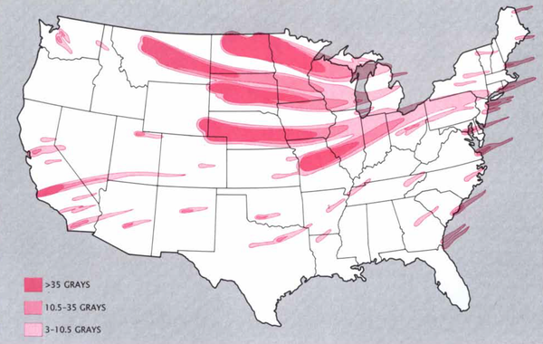Map represents fallout from a nuclear attack on U.S. military facilities.