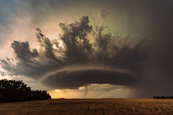 A tornado-warned supercell cutting across Kansas.