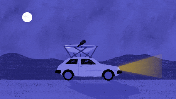A cartoon of a car with a parabolic dish attached to its roof driving through the night as birds fly overhead