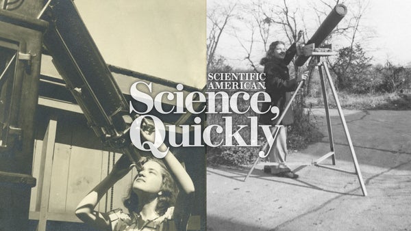 Two views of a young woman using a telescope at different times