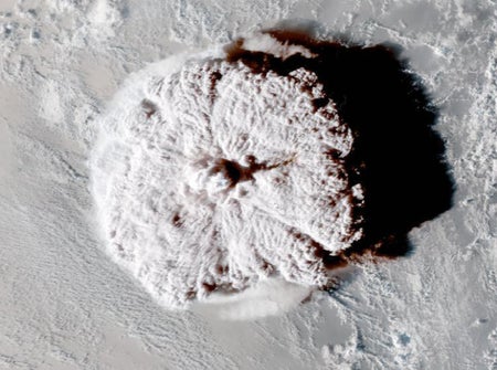 Satellite view of volcano eruption.