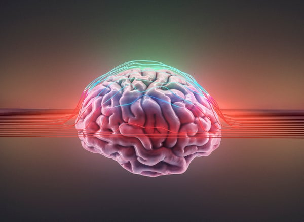 Pink brain with wires on digital horizon