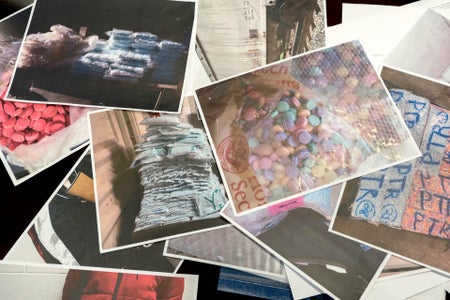 Photographs of seized fentanyl, weapons, and other illicit drugs