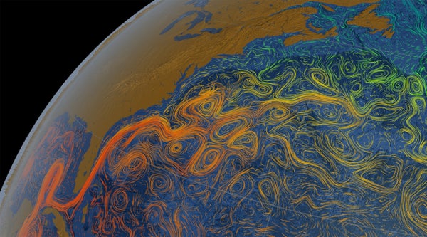 Ocean flows colored with sea surface temperature data.