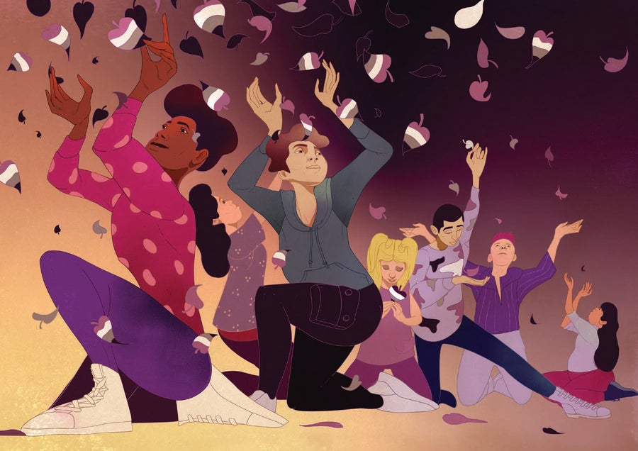 Illustration of cartoon people reaching up for confetti.