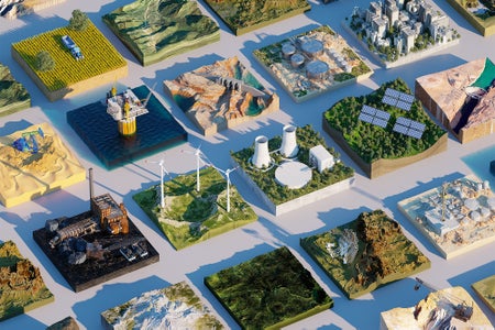Digital illustration showing multiple environmental rectangular cross sections with different types of energy supply