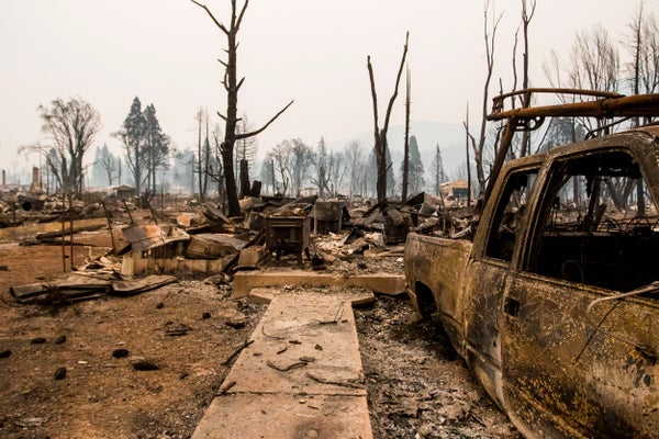 Burnt debris seen in the town of Greenville after being decimated by the Dixie fire which has grown to over 500,000 acres.