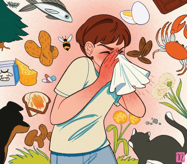 Illustration of a sick person blowing into a tissue.