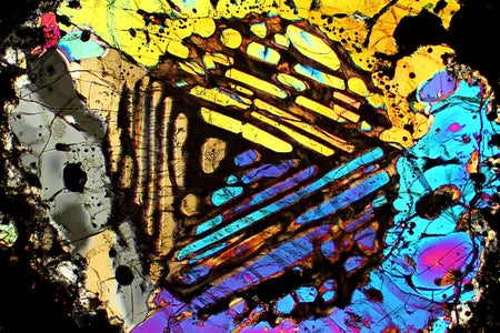 Thin section of a chondrule gleams in polarized light