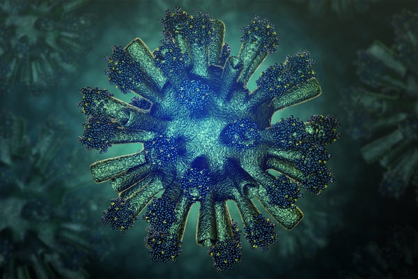 Virus with surface proteins concept blue/green rendering