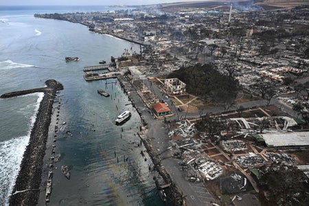 Lahaina, Hawaii aereal after a fast-moving wildfire showing destroyed homes and boats at the coastline