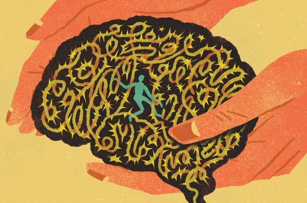 Illustration of a person inside a drawing of a brain.