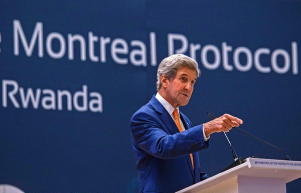 US Secretary of State John Kerry gestures as he delivers a speech during the 28th Meeting of the Parties to the Montreal Protocol in Kigali, on October 14, 2016.