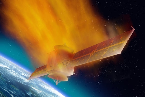 Satellite hurtling through space and burning up as it enters the atmosphere