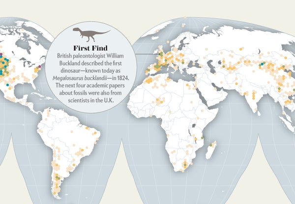 World map that shows where dinosaur fossils have been found