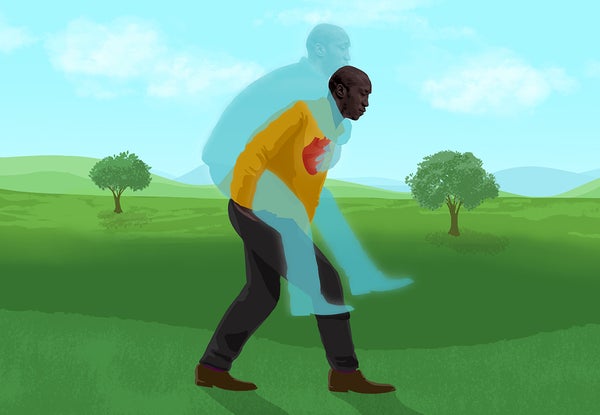Art concept of a man carrying a silhouette of himself on his back across a field.