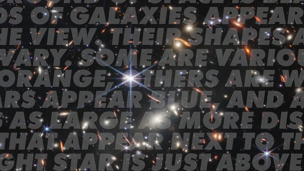 An image of a galaxy cluster overlain with words from the official alt text description of the scene