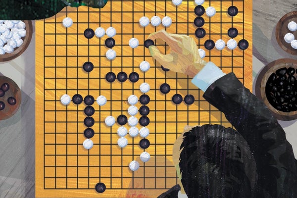 Illustration of a man playing checkers-like game.