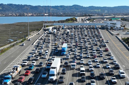 Cars in traffic on highway.