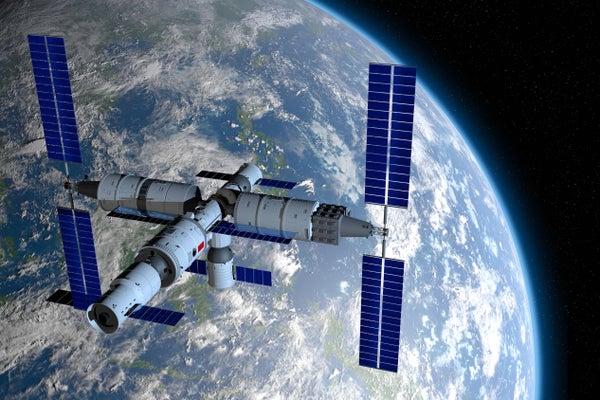 A view of the Chinese Space Station with Earth in the background.