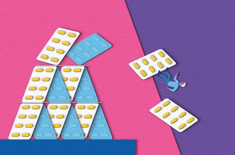 Illustration of a stack of vitamin D packs with a person falling from the top