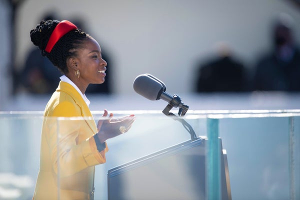 Amanda Gorman recites her inaugural poem, "The Hill We Climb", during the 59th Presidential Inauguration ceremony on January 20, 2021 in Washington, D.C.