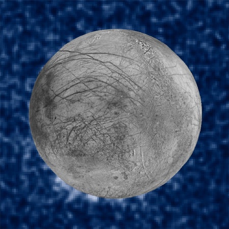 A composite image of suspected water plumes venting from Jupiter's moon, Europa