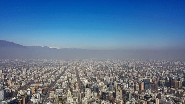 Aerial of Santiago Chile in high temperature smog.
