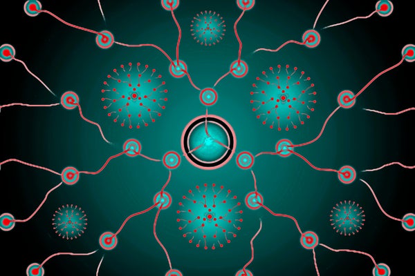 Abstract Scientific Illustration of Dendrimers rendered in teal and red.