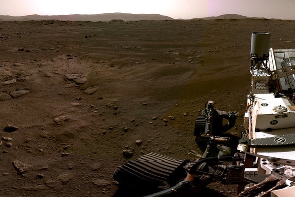 A portion of a panoramic composite image created from some of the first pictures beamed back from Mars by NASA's Perseverance.