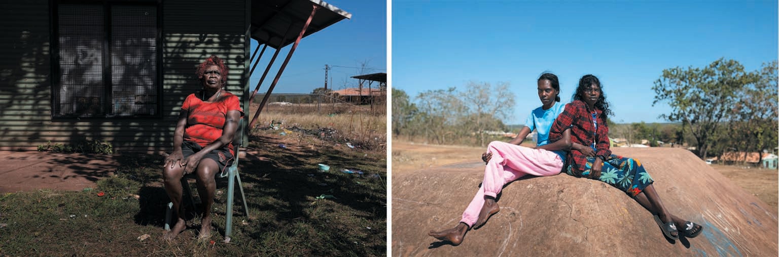 A woman sitting on a chair outside a home. A portrait of two young women sitting on a mound of dirt in landscape.