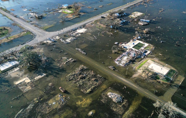 An aerial view of flood waters from Hurricane Delta