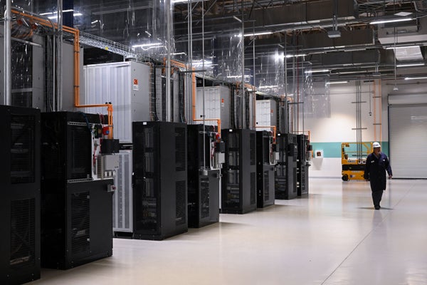 Rows of cabinets containing lithium ion batteries