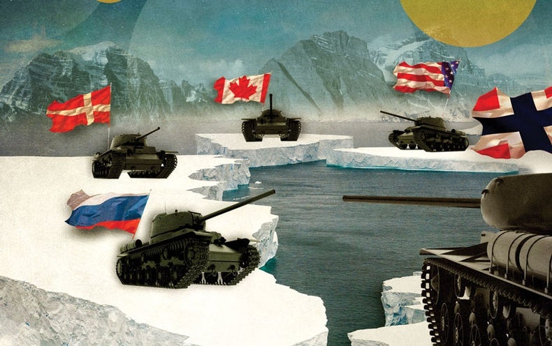 Illustration of five tanks with flags from U.S., Canada, Denmark, Norway, and Russia
