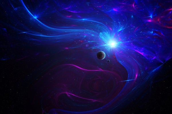 Artist's impression of a dark planet in the foreground and a blue-white star in the background with blue swirls of gas coming from it.