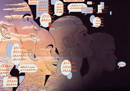 An illustration of heads against an ocean background, with text bubbles throughout.